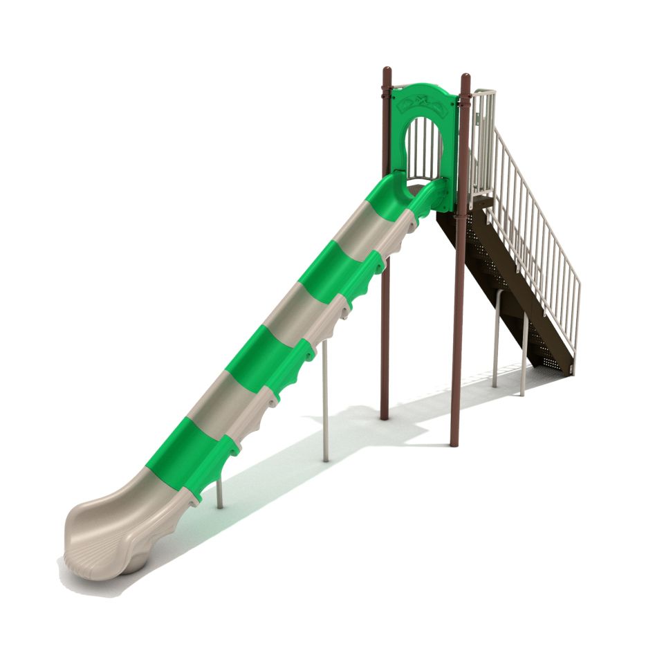8-foot Straight Sectional Free Standing Slide in Primary Green and Tan with Brown and Tan Posts