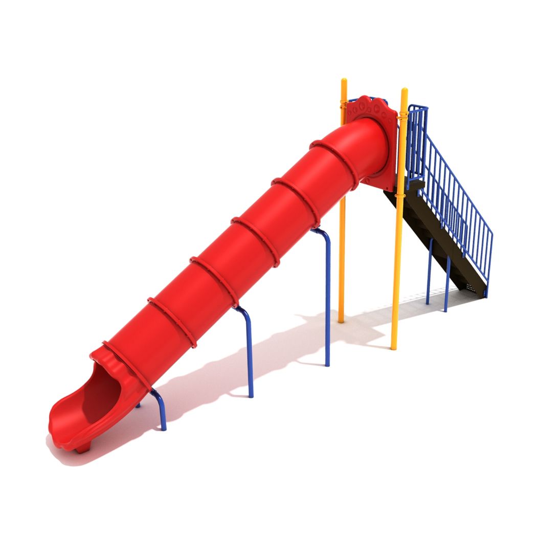 8-feet Straight Tube Free Standing Slide in Primary Red with Sunglow Yellow and Pacific Blue Posts